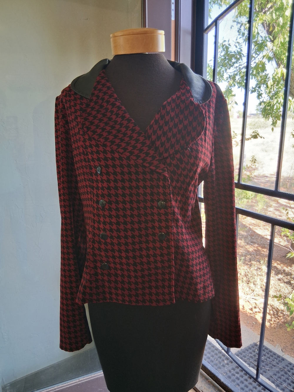 Fashion Bug Burgundy and Black Houndstooth Double-Breasted Blazer